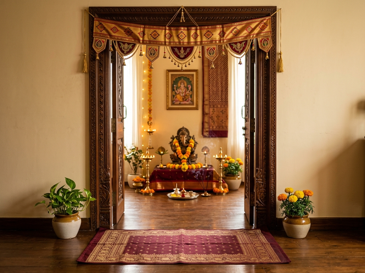 Paithani home decor toran & aasan mat in sanctuary room